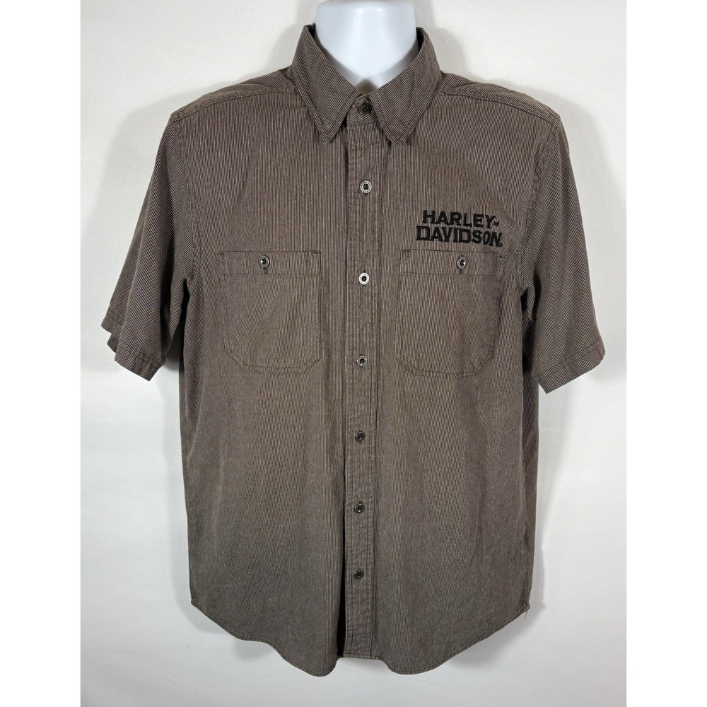 Harley Davidson Men's Large Button Up Short Sleeve Shirt Embroidered Brown -524